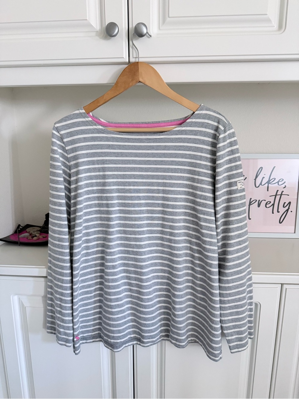 Joules Gray & White Striped Top with Pink Trim